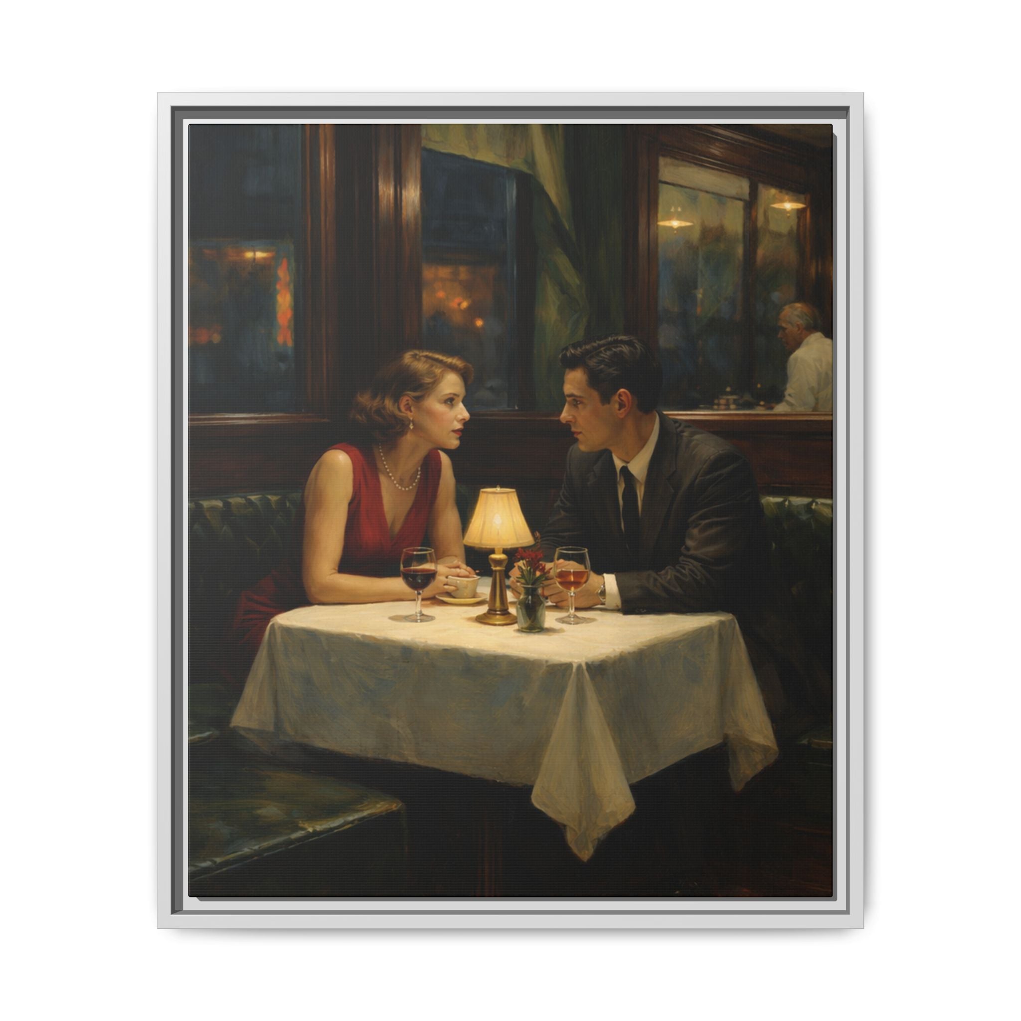 Framed Matte Canvas | Intimate evening in a dim restaurant | Edward Hopper Homage