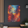 A vibrant, heavily textured abstract artwork featuring luminous turquoise blues, fiery reds, and shimmering gold and copper accents.