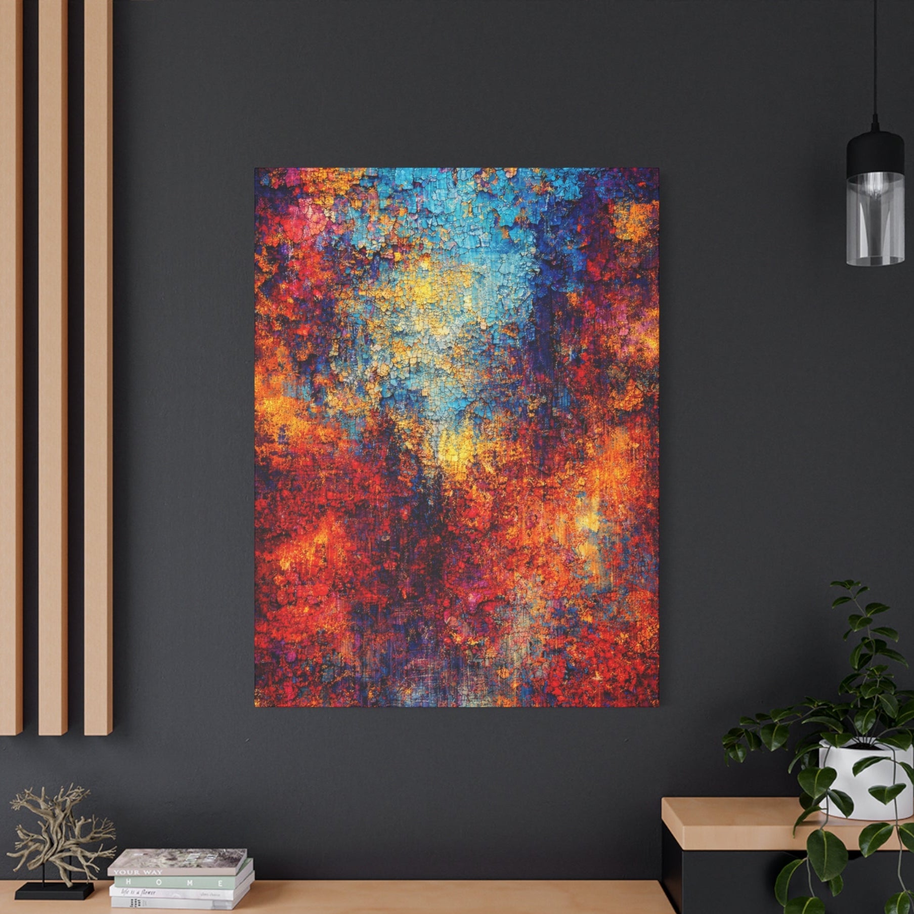 A vibrant, heavily textured abstract artwork featuring luminous turquoise blues, fiery reds, and shimmering gold and copper accents.
