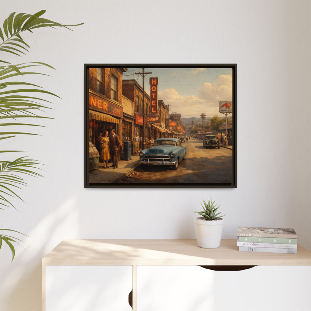 Framed Canvas | Golden Hour on Main Street | Mid Century American Realist Image