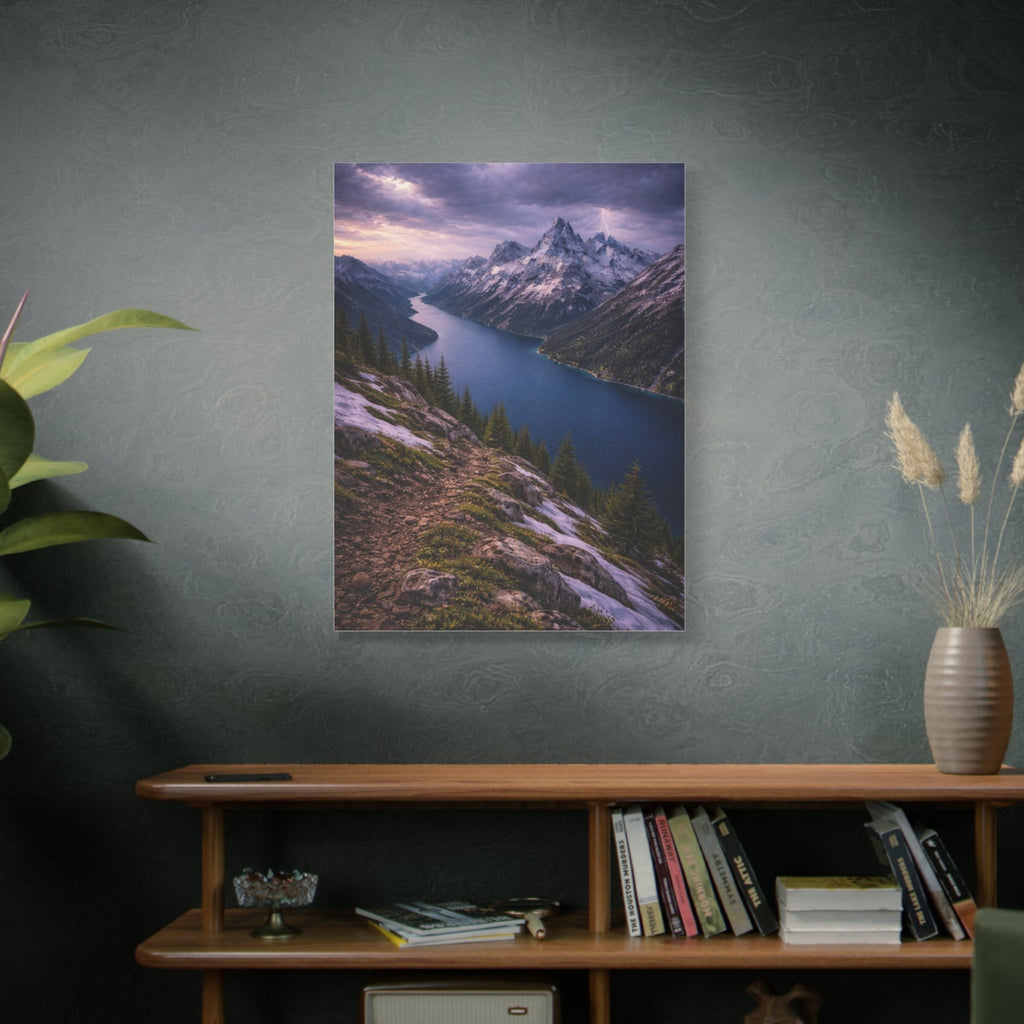 Landscape painting of a mountain lake on a dark wall above a wooden shelf with books and decor.
