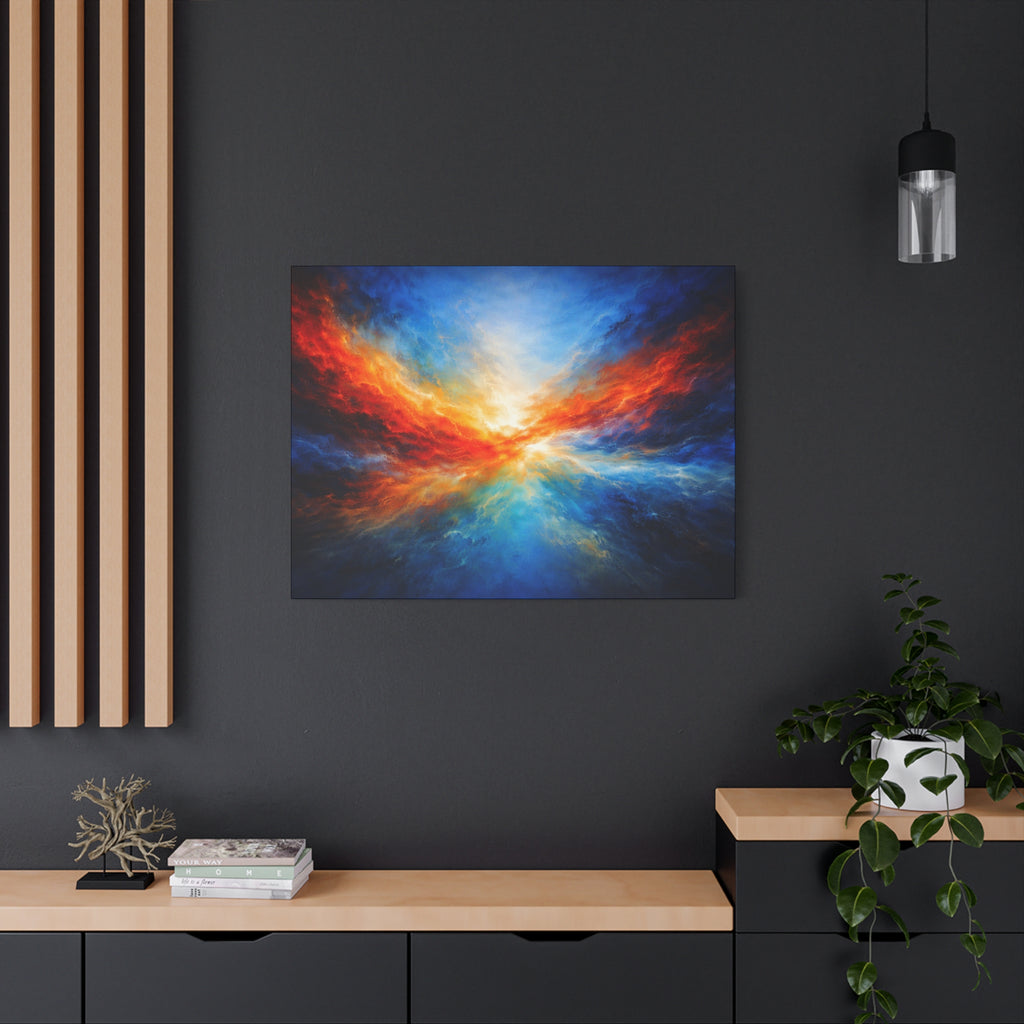 Abstract artwork of a fiery celestial scene on a dark wall with wooden shelves and decor.