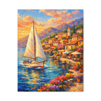 Mediterranean Sailboat Village Canvas — Stretched Wall Art