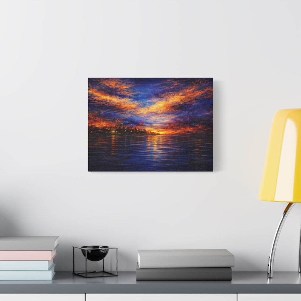 Canvas print of a sunset over water hanging on a wall above a desk with books and a lamp.