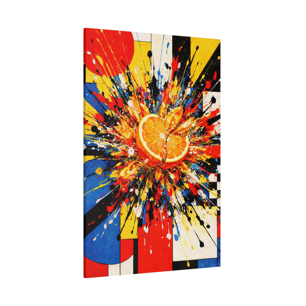 Abstract painting with a central orange slice surrounded by colorful splashes on a white background