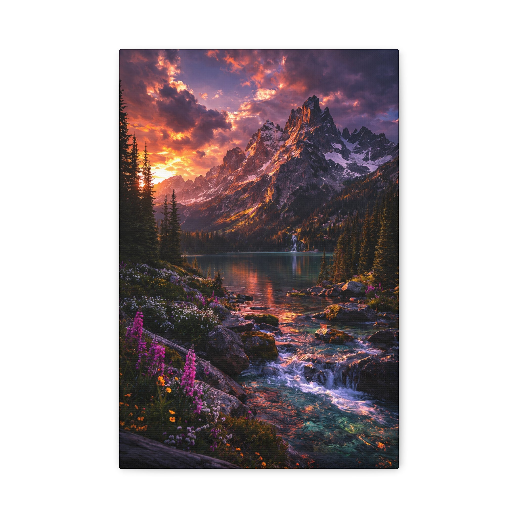 Mountain landscape with a lake and pink flowers at sunset.