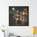 Framed artwork of a city street scene with a bar sign, yellow taxi, and person sitting on a chair.