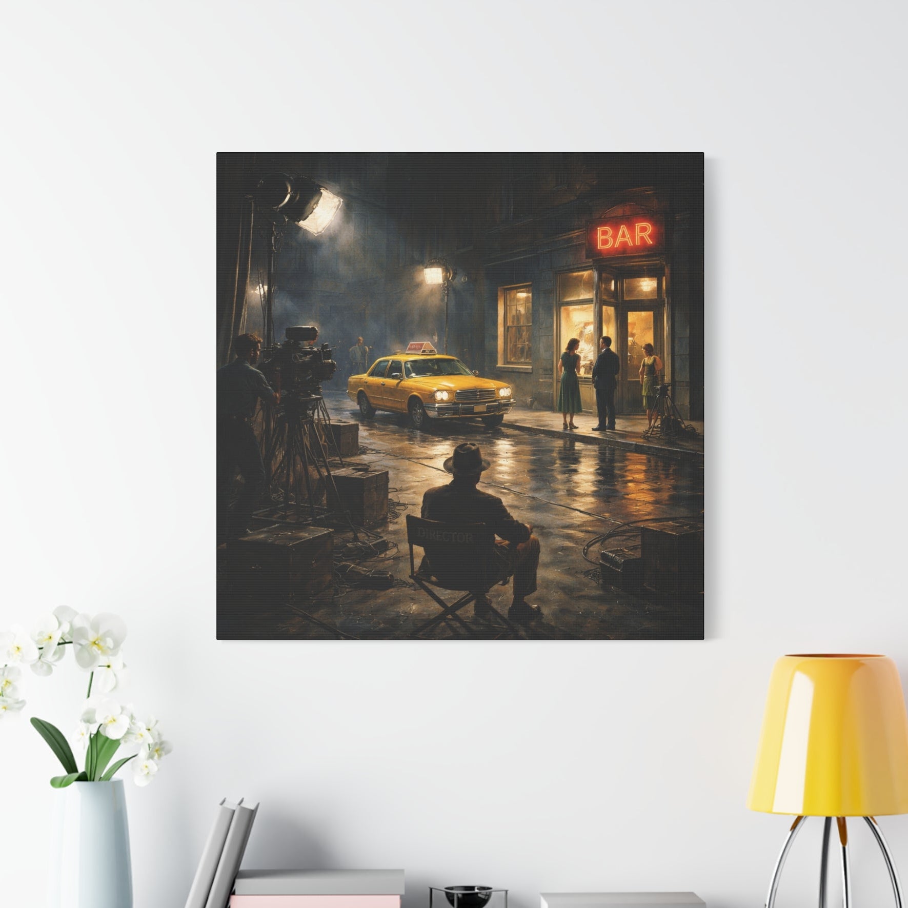 Framed artwork of a city street scene with a bar sign, yellow taxi, and person sitting on a chair.