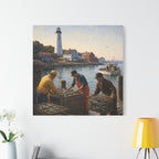 Painting of three men working by a lighthouse. Edward Hopper Inspired.