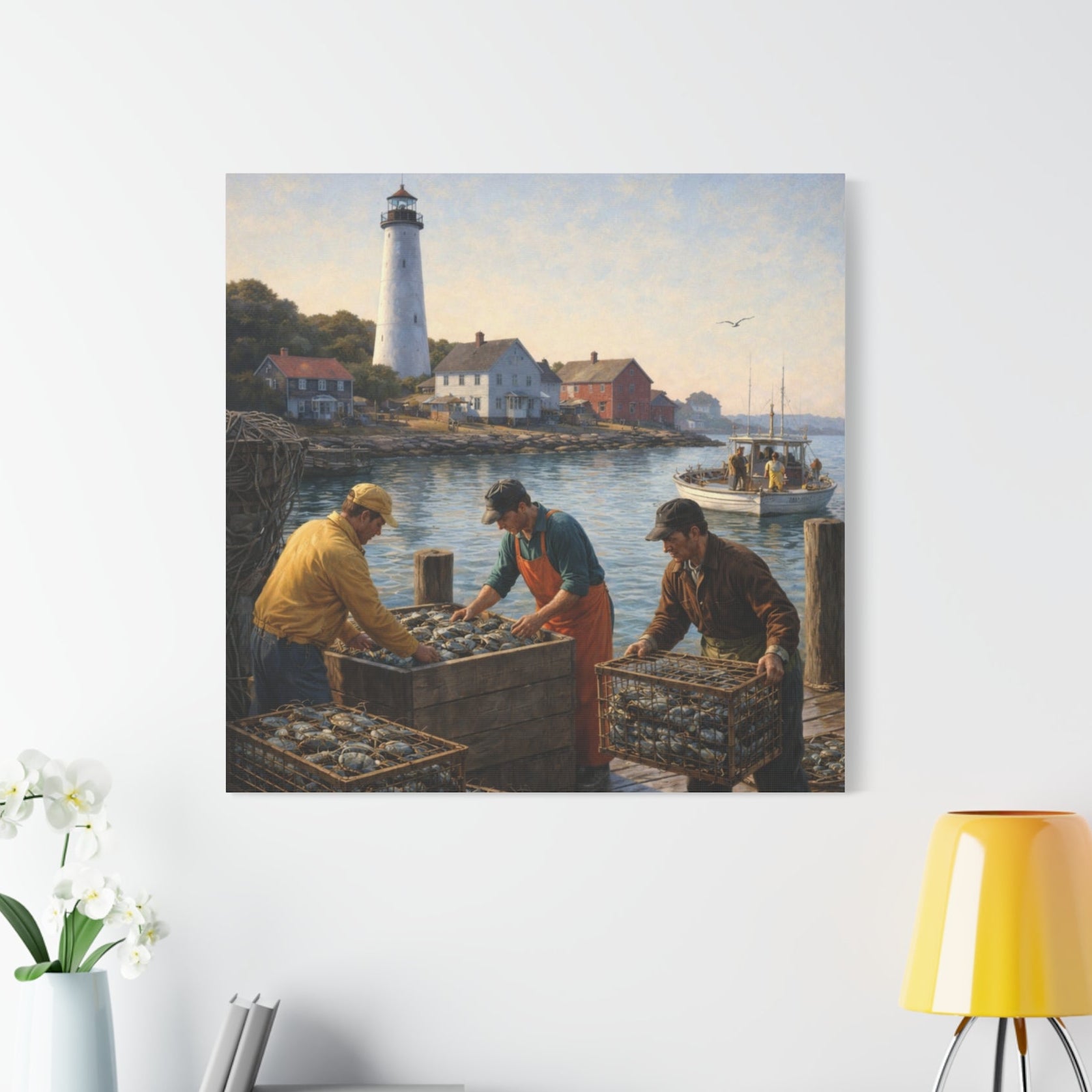 Painting of three men working by a lighthouse. Edward Hopper Inspired.