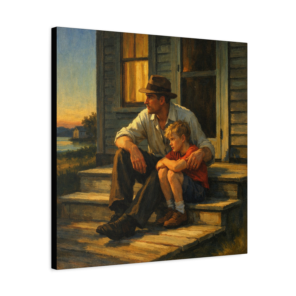 Painting of a man and a child sitting on a porch at sunset.