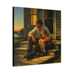 Painting of a man and a child sitting on a porch at sunset.