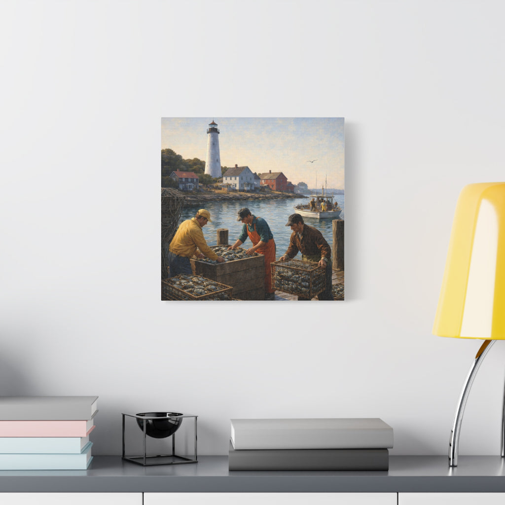 Square Canvas Wall Art | Fishermen unloading crabs at sunset