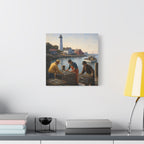 Square Canvas Wall Art | Fishermen unloading crabs at sunset