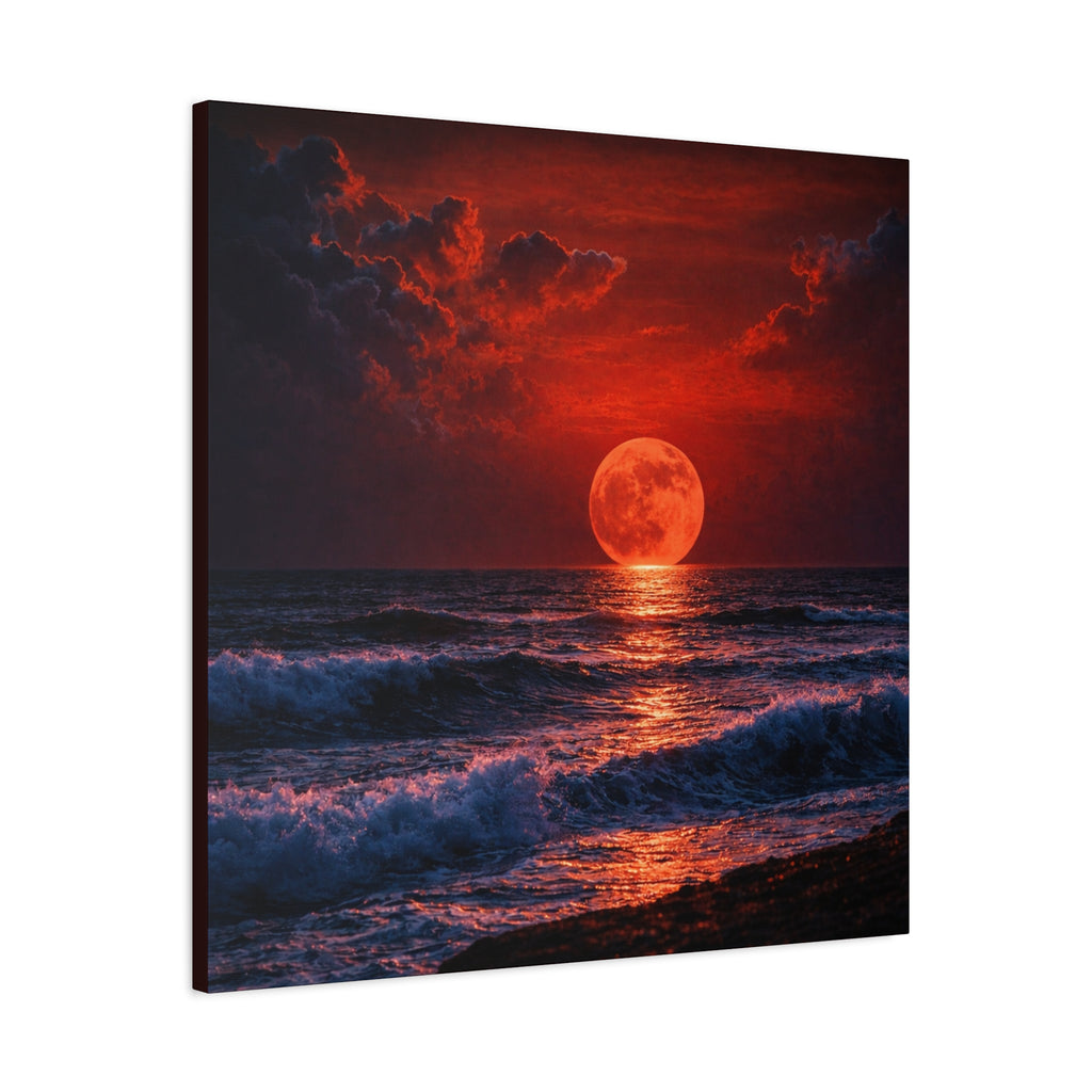 Canvas print of a sunset over the ocean with a red moon.