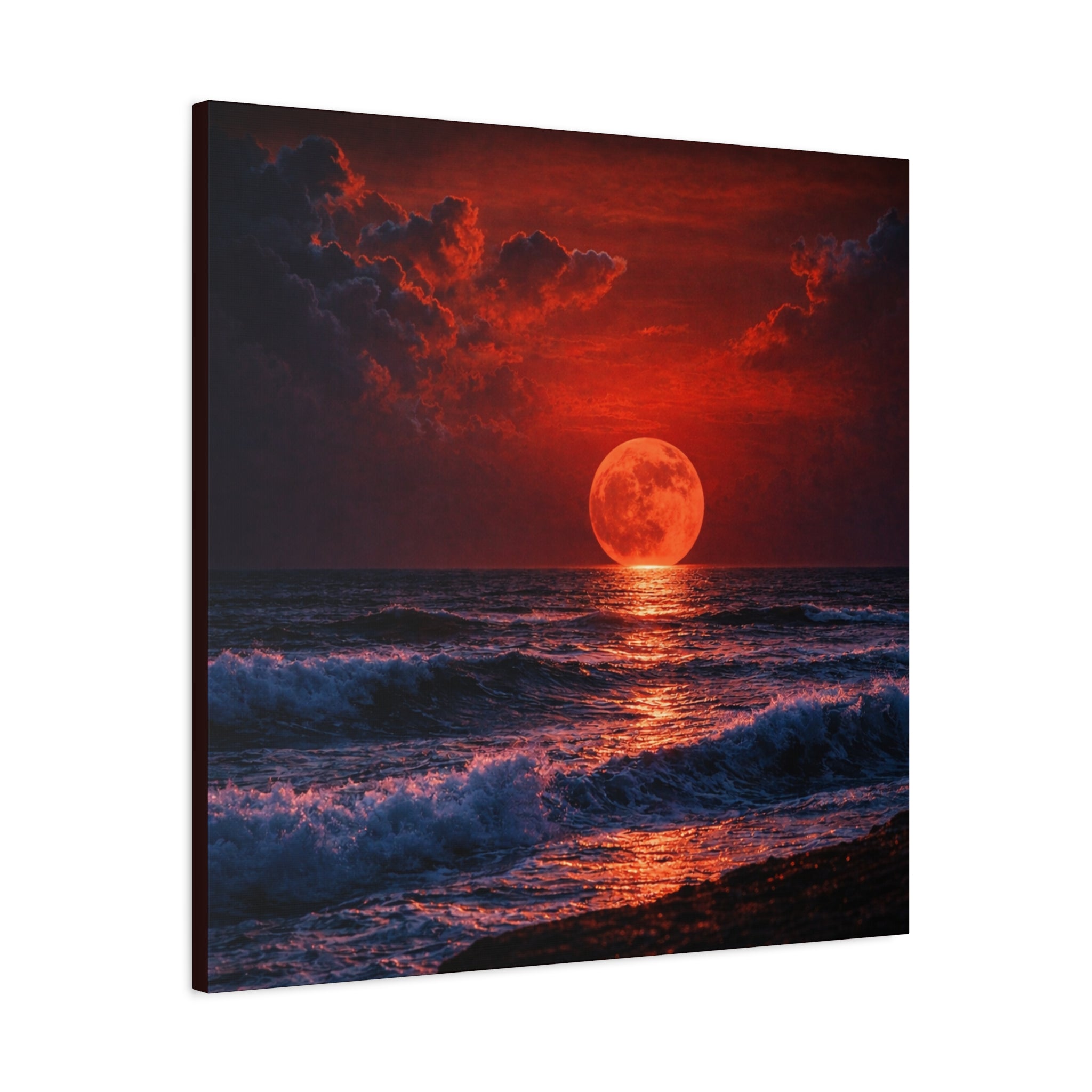 Canvas print of a sunset over the ocean with a red moon.