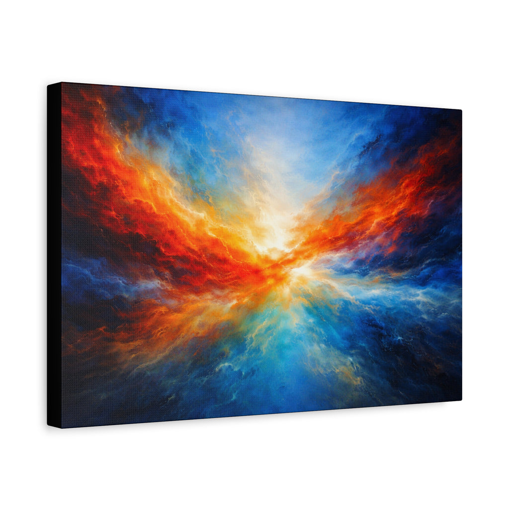 Canvas print of a colorful nebula with red, orange, and blue hues on a white background.