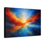 Canvas print of a colorful nebula with red, orange, and blue hues on a white background.