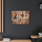 Abstract artwork on a dark wall with a wooden shelf and plant below.