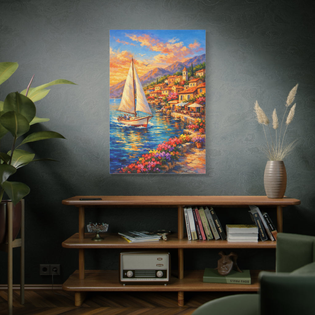 Mediterranean Sailboat Village Canvas — Stretched Wall Art