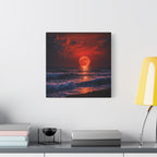 Framed artwork of a sunset over water with a red moon on a white wall above a desk.