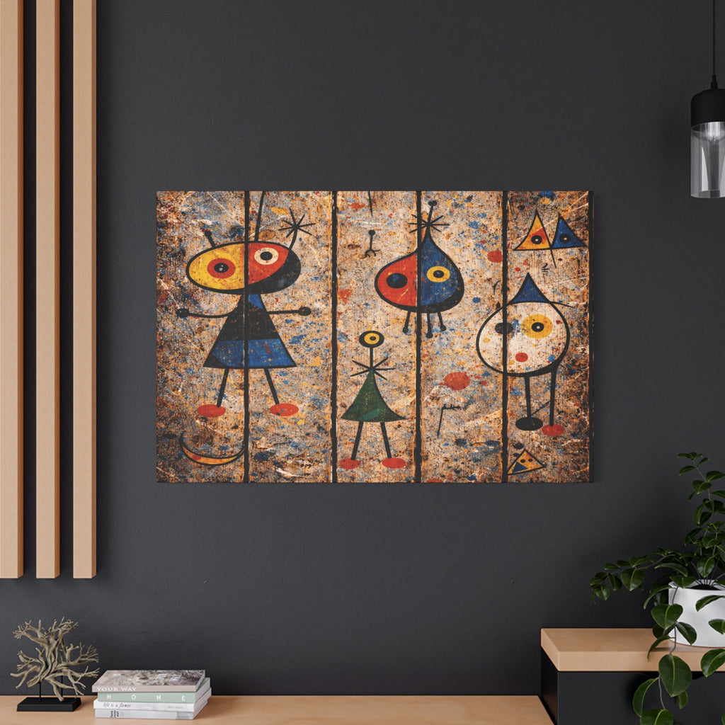 Abstract artwork with colorful figures on a dark wall above a wooden console table.