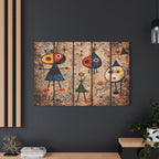 Abstract artwork with colorful figures on a dark wall above a wooden console table.