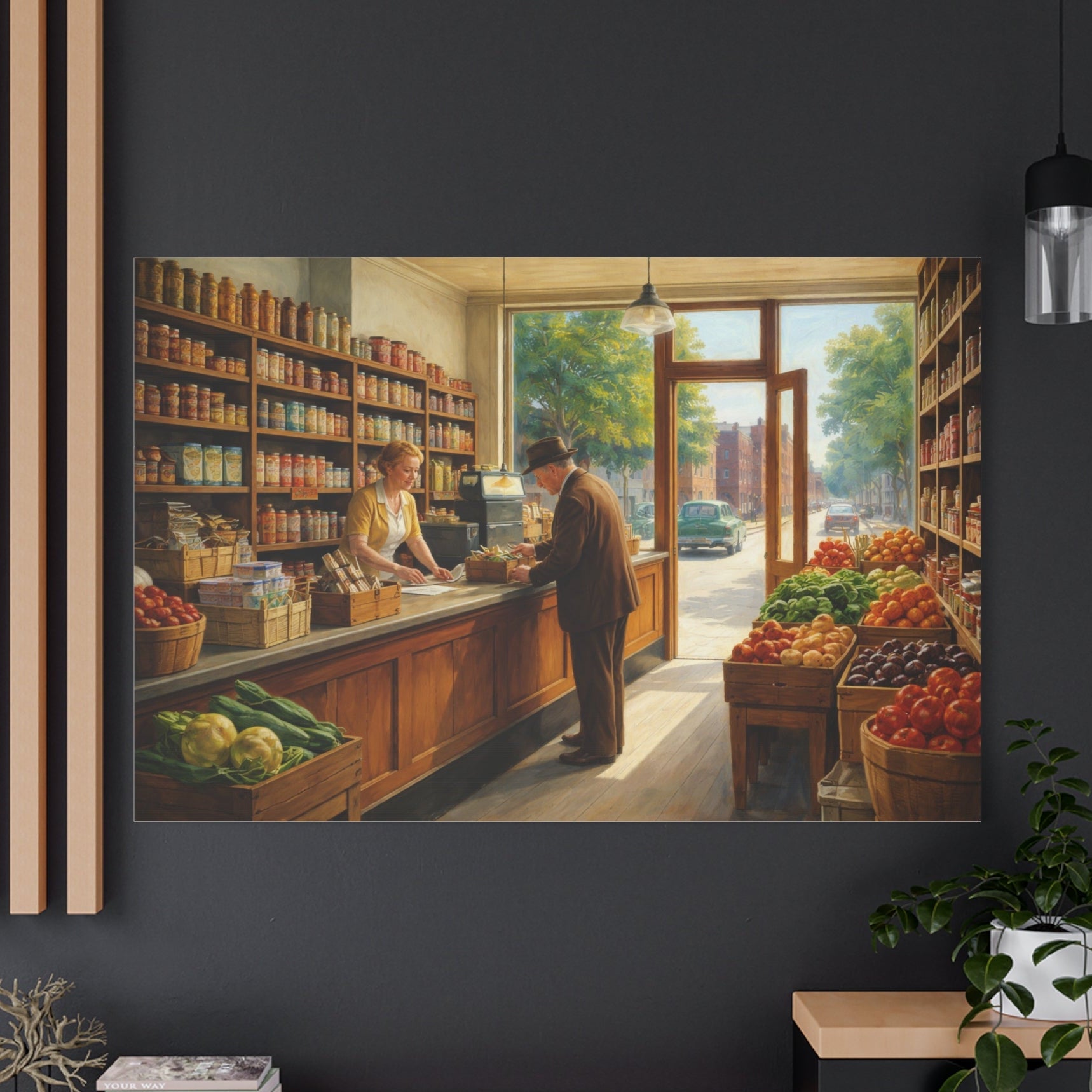 Framed painting of a grocery store. Edward Hopper Homage.