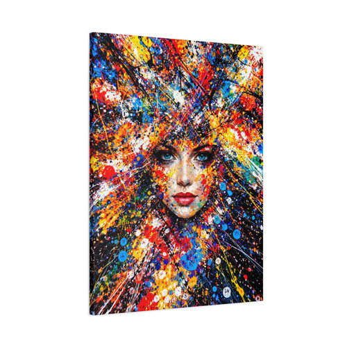 Colorful abstract painting of a woman's face on a white background