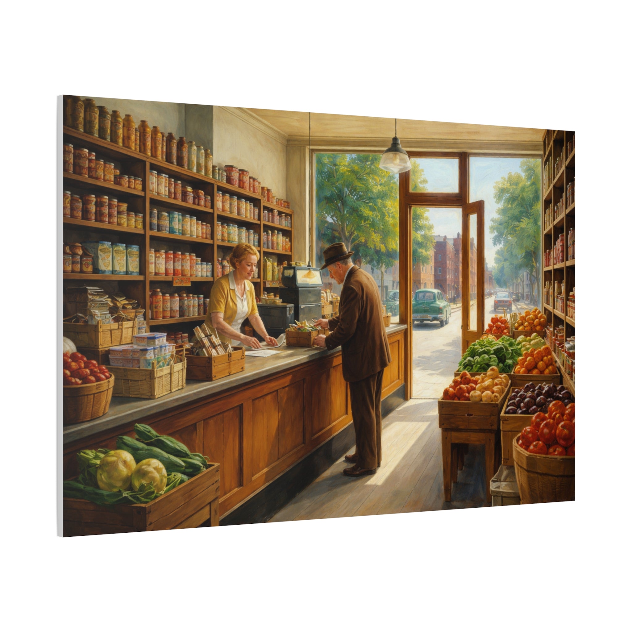 Corner Grocery Store Scene Matte Canvas | Vintage Store Scene Wall Art | Edward Hopper inspired Artwork