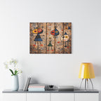 Abstract artwork of three colorful figures on a wooden panel, displayed above a white cabinet with decorative items.