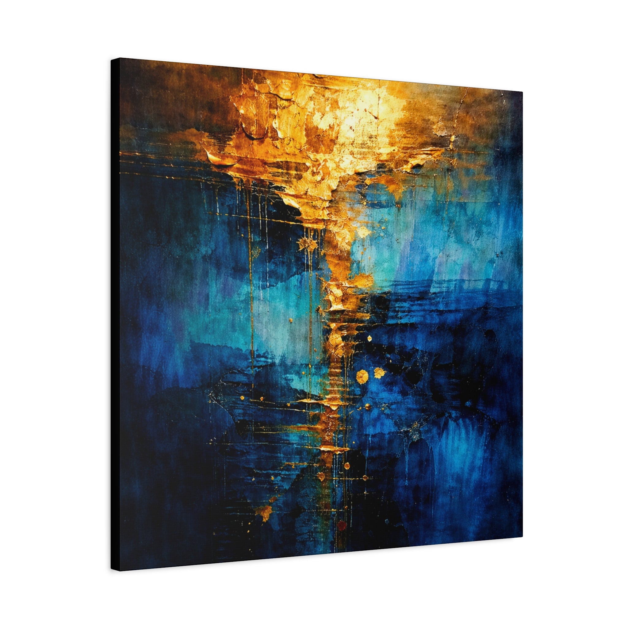 Abstract art painting with blue and gold colors on a white background