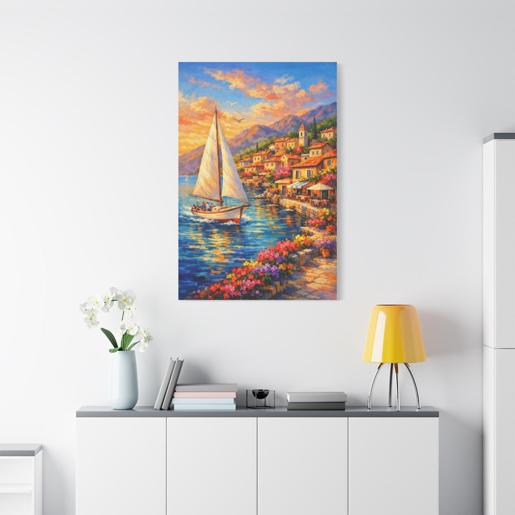Mediterranean Sailboat Village Canvas — Stretched Wall Art