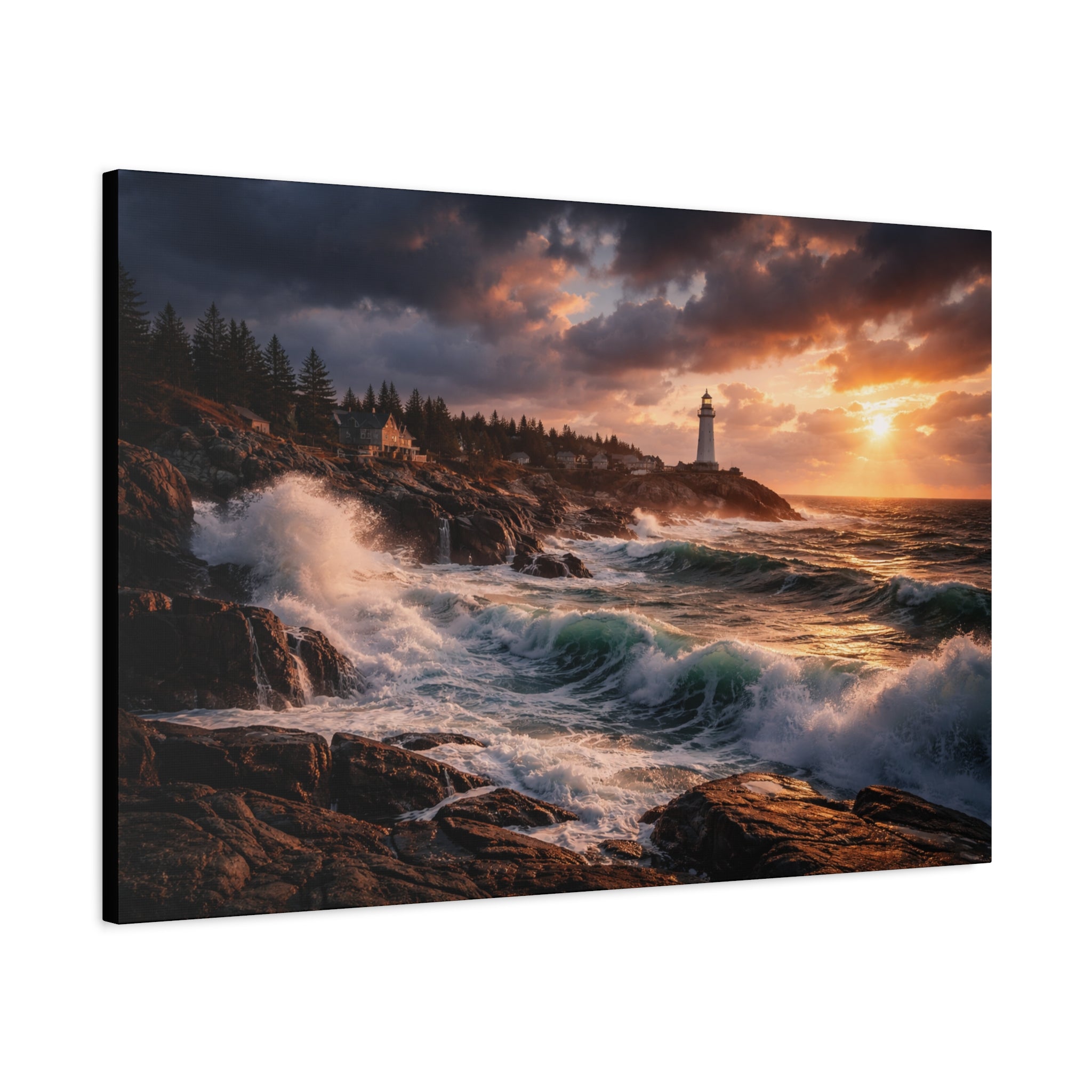 Lighthouse on a rocky coastline with dramatic waves and sunset sky