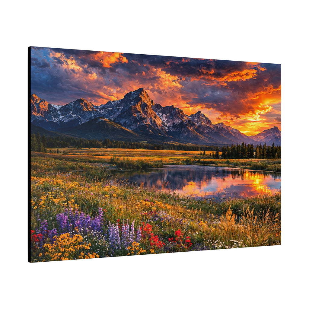 Scenic landscape with mountains, lake, and flowers at sunset