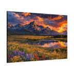 Scenic landscape with mountains, lake, and flowers at sunset
