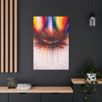 Abstract art piece with vibrant colors on a dark wall in a modern interior setting.