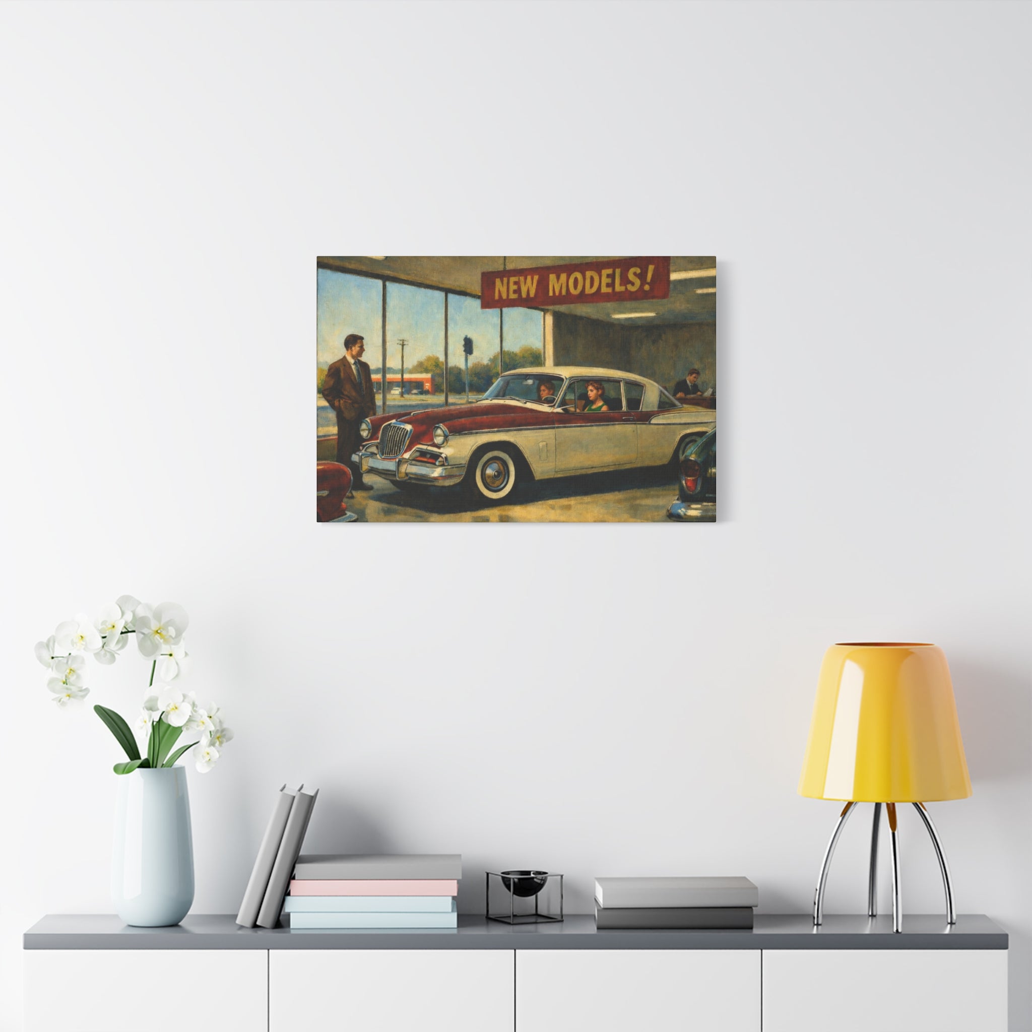 Matte Stretched Canvas | Vintage Car Dealership Painting Canvas.