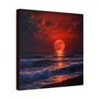 Gallery stretched canvas painting of a sunset over the ocean with a red moon.