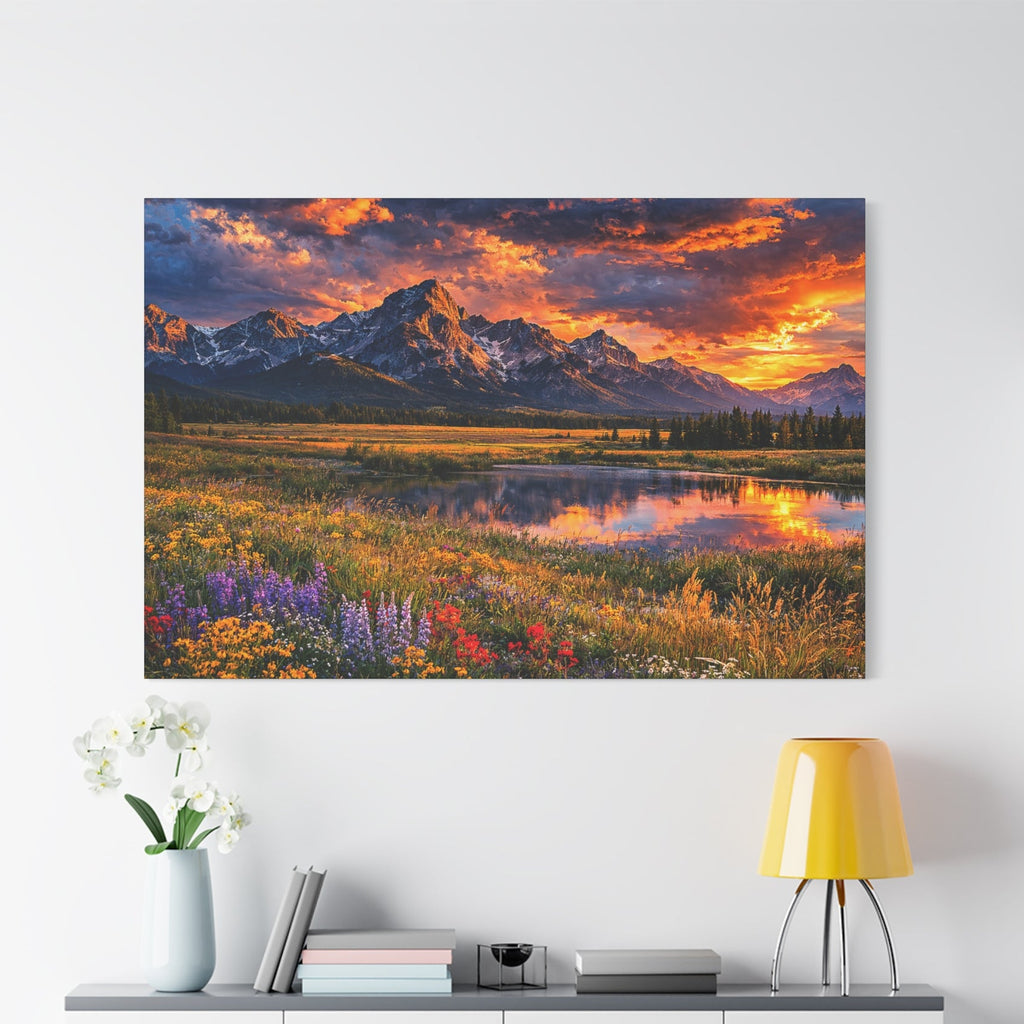 Scenic landscape painting of mountains and field on a white wall above a cabinet.