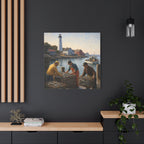Square Canvas Wall Art | Fishermen unloading crabs at sunset