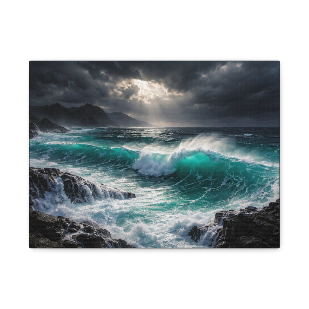 Dramatic turquoise sea ocean with waves crashing against rocks under a dark sky.