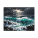 Dramatic turquoise sea ocean with waves crashing against rocks under a dark sky.