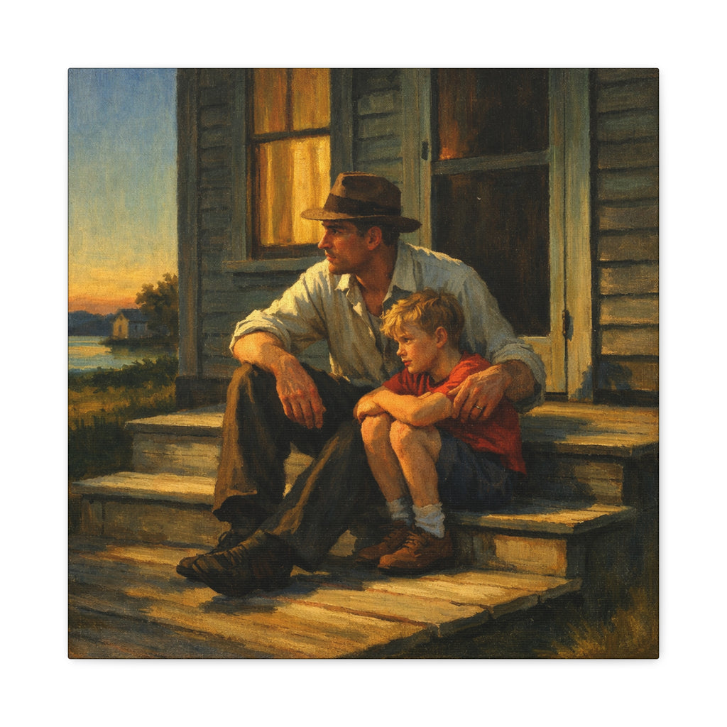 Painting of a man and a child sitting on a porch at sunset.