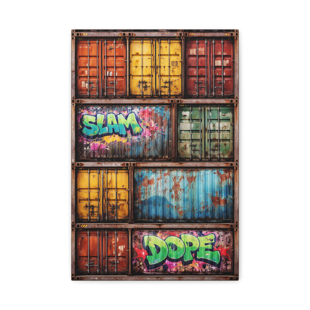 Colorful graffiti-style design on stacked shipping containers with visible brand names.