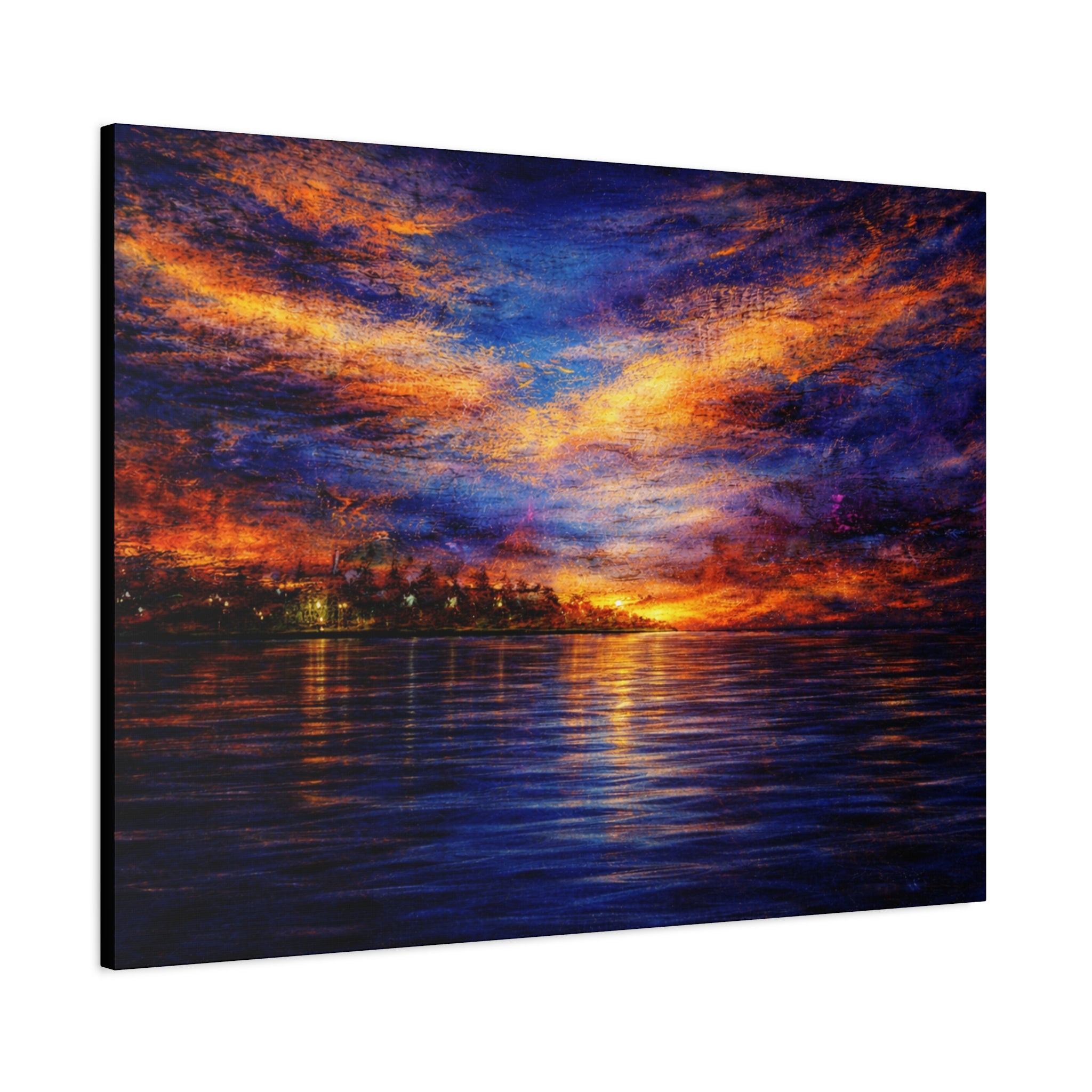 Vibrant Sunset Over Water Canvas | Large Abstract Seascape Wall Art | Dramatic Blue & Orange Coastal Image