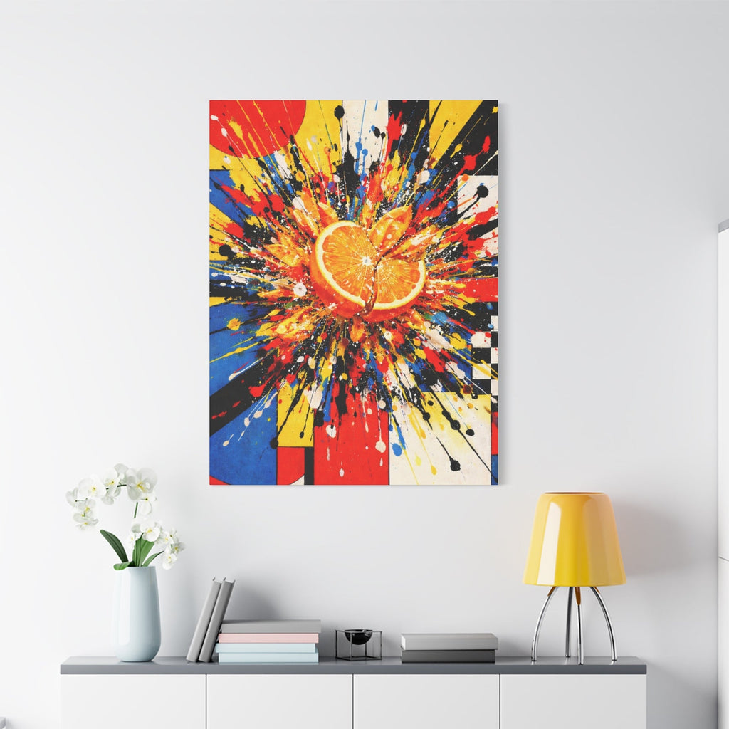 Colorful abstract painting of a heart on a white wall above a white cabinet.