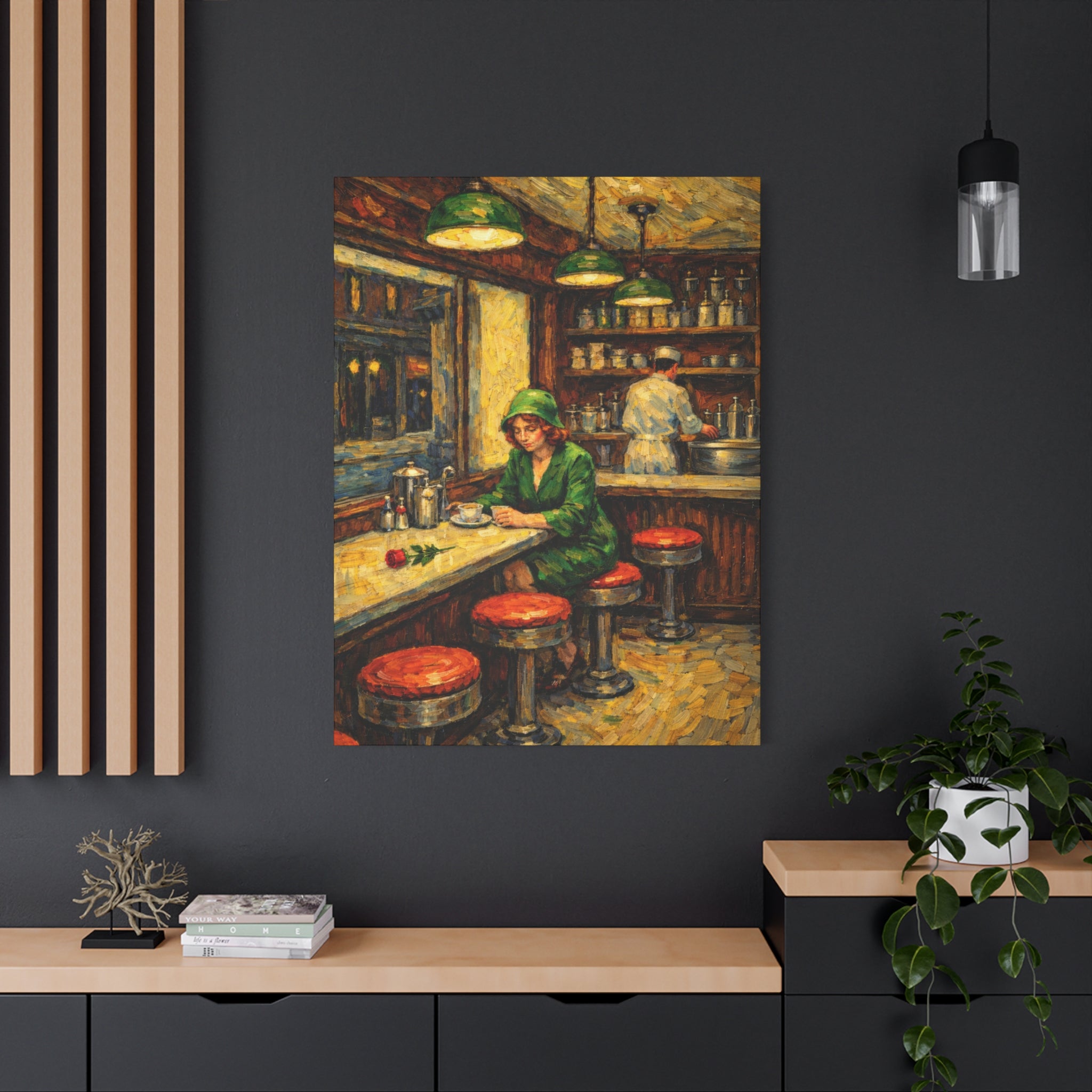 Woman at Diner Counter | Matte Canvas Stretched | Homage to Hopper