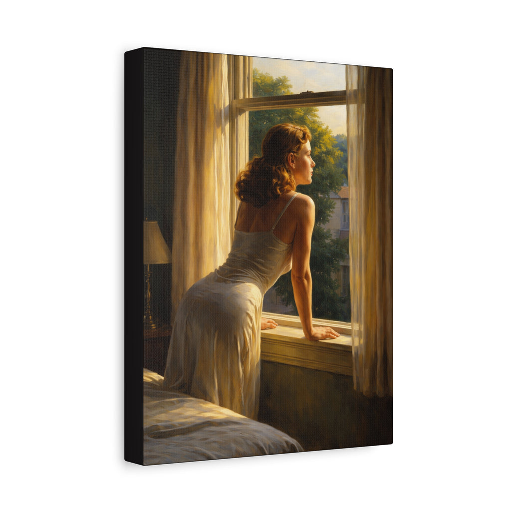 Painting of a woman looking out from window. Galery wrapped with black edges. Edward Hopper style.