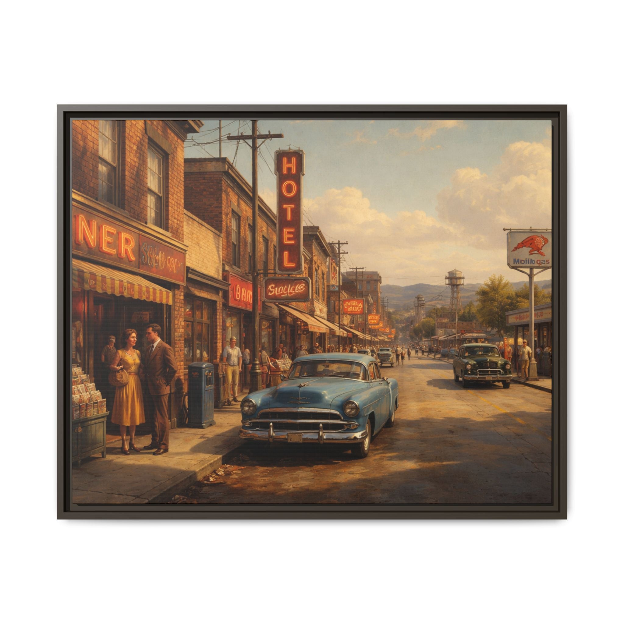 Framed Canvas | Golden Hour on Main Street | Mid Century American Realist Image